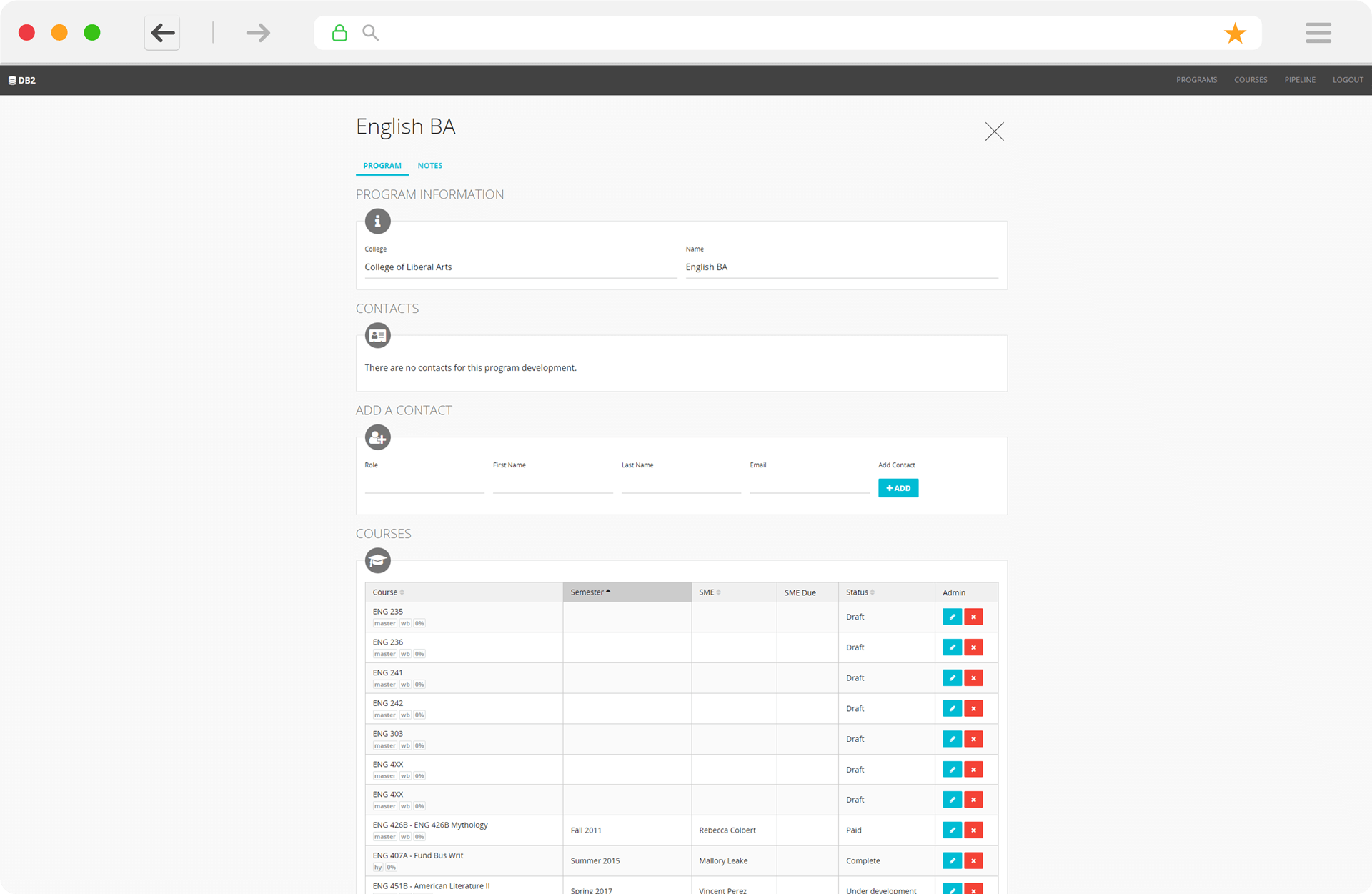 DB2 screen shot of Program detail page